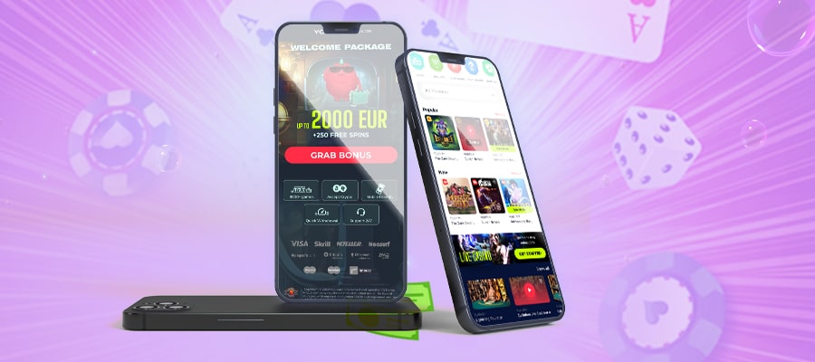 Et billede af en hånd, der holder en smartphone med åben Yoju Casino-app, der viser et farverigt roulette-spil.